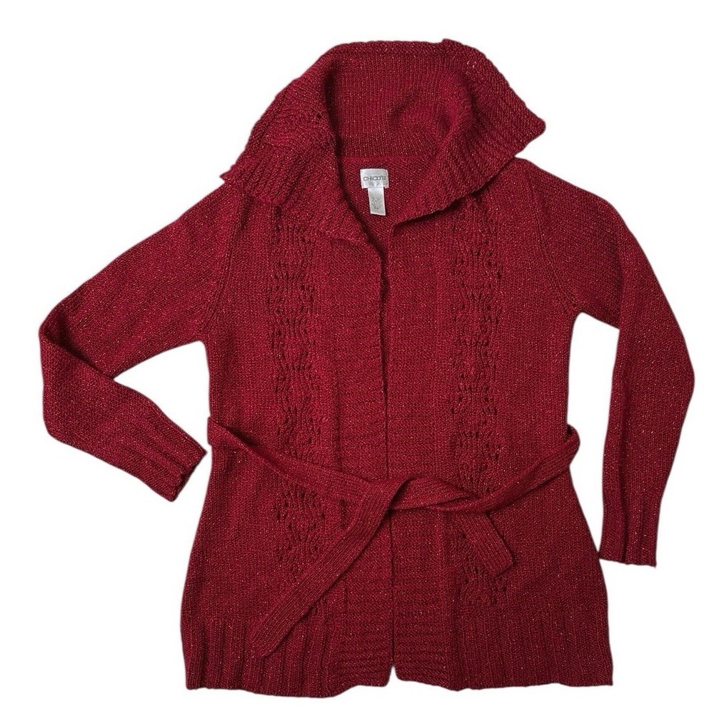 Chicos Womens Size 1 Medium Belted Cardigan Sweater Red Metallic Shimmer Knit